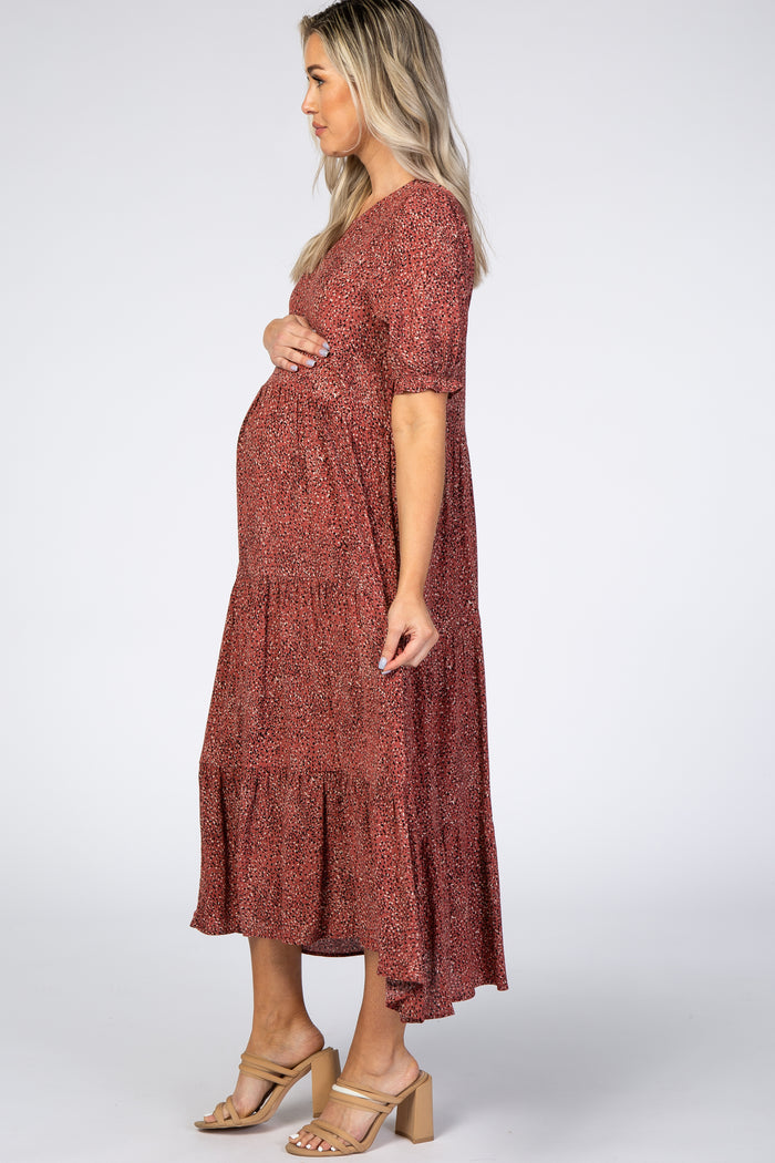 Rust Printed Tiered Maternity Midi Dress