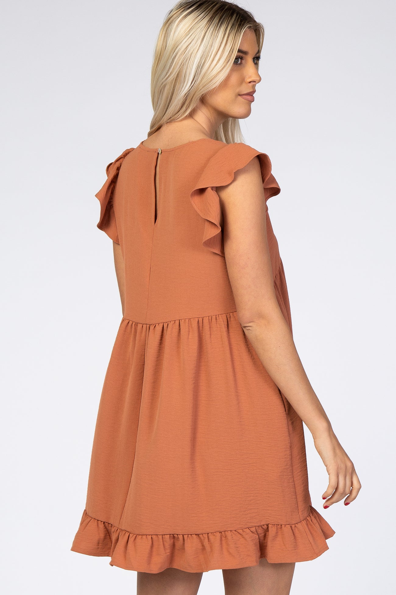 Rust Ruffle Hem V-Neck Dress