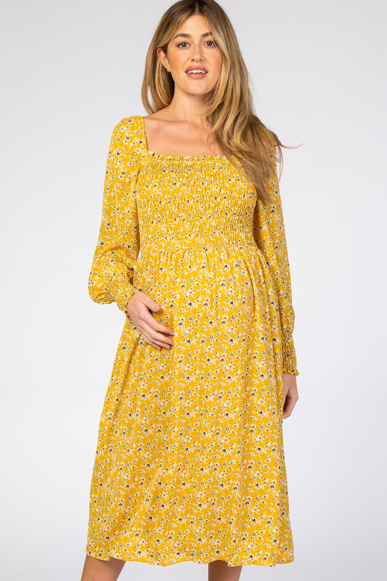 Yellow Floral Smocked Bubble Sleeve Maternity Midi Dress