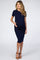 woman wearing a navy blue short sleeve maternity dress and holding her baby bump
