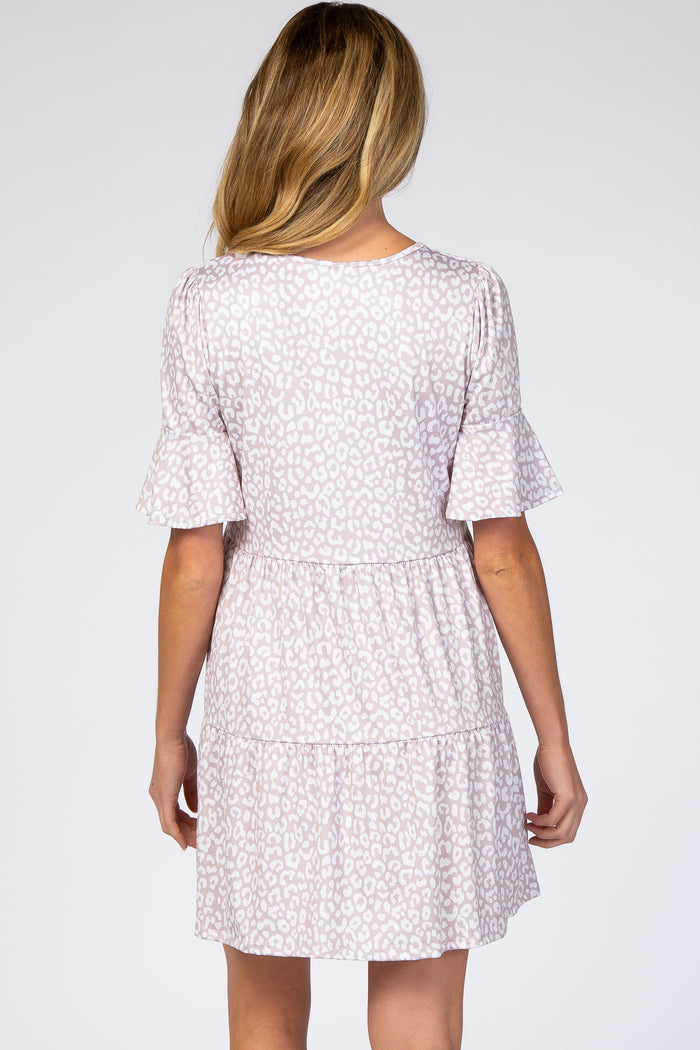 Taupe Animal Print Ruffle Sleeve Maternity Dress