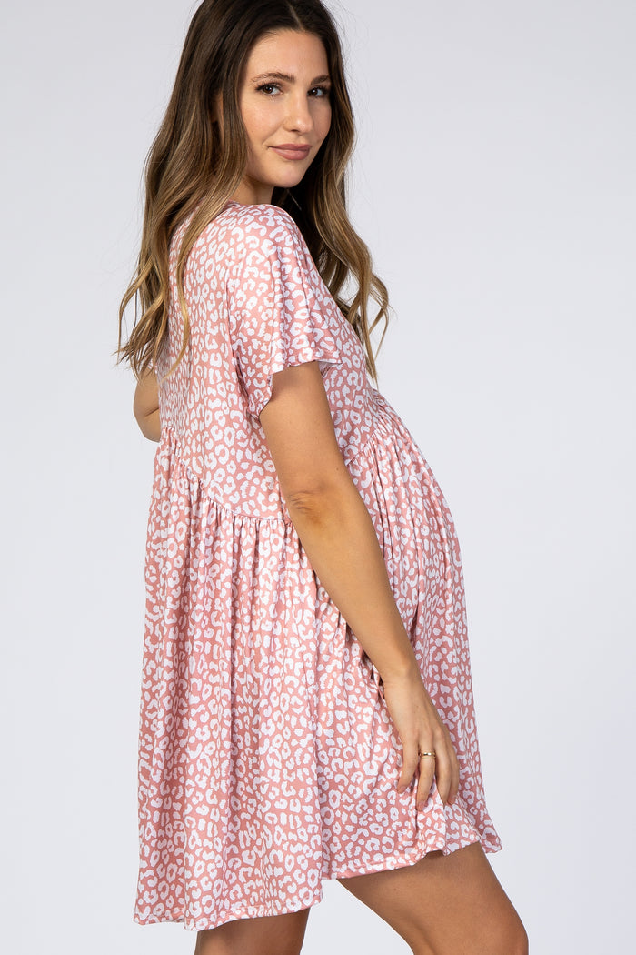 Peach Animal Print Short Sleeve Maternity Dress