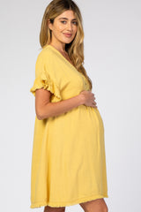 Yellow Linen Fringe Trim Babydoll Maternity Dress
