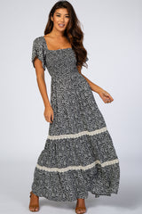 Black Floral Square Neck Smocked Front Lace Trim Maternity Maxi Dress