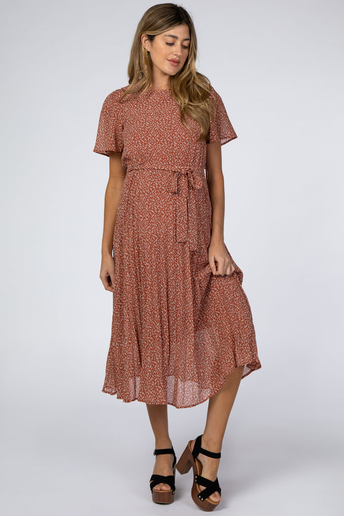 Rust Leaf Print Pleated Maternity Midi Dress