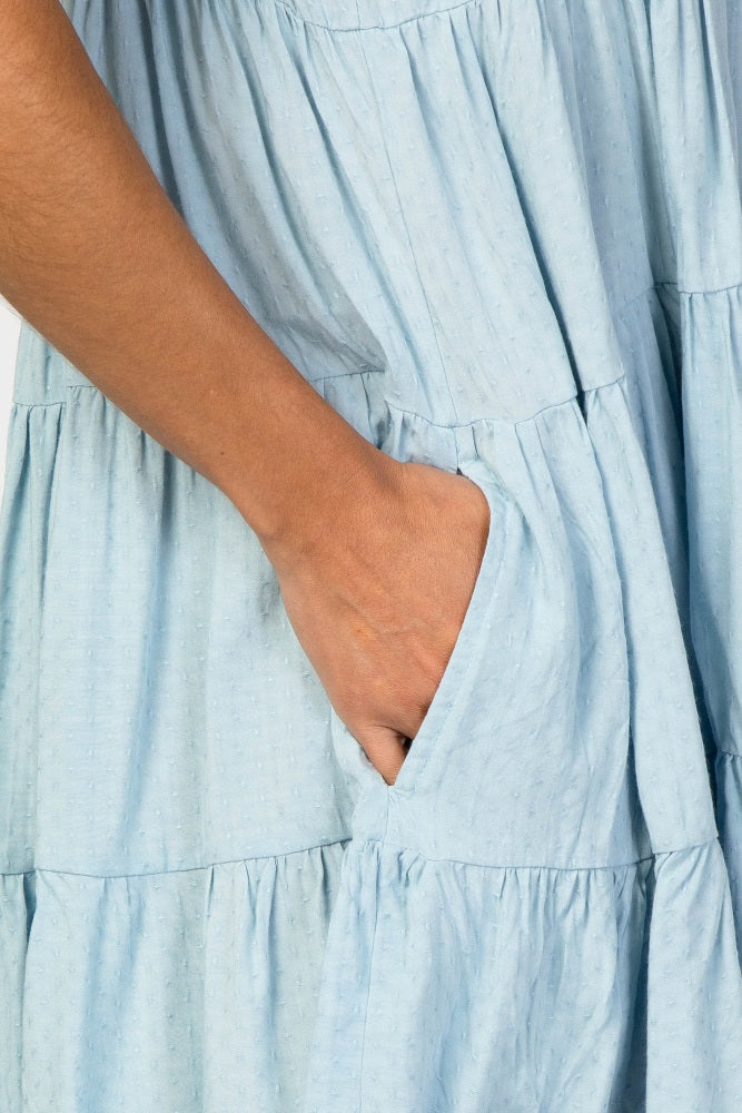 Light Blue Swiss Dot Tiered Babydoll Dress
