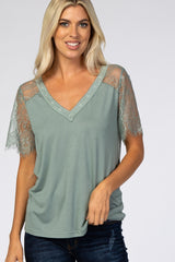 Sage Lace Sleeve V Neck Top