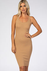 Beige Sleeveless Ribbed Fitted Dress