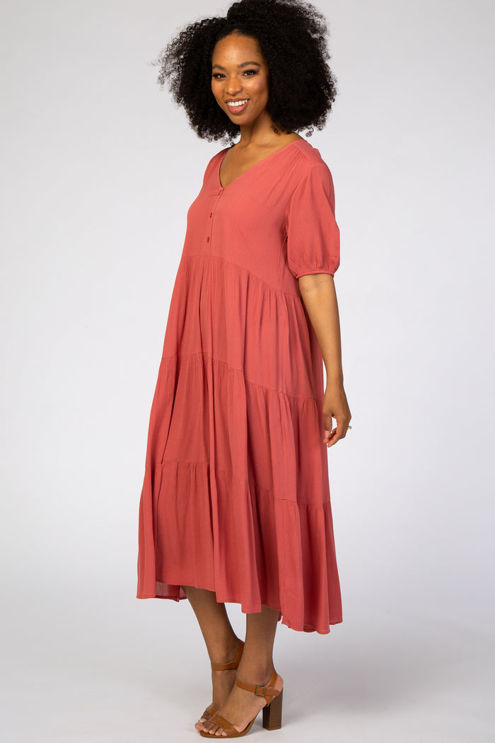 Rust Tiered Short Sleeve Midi Dress