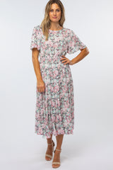 Pink Floral Pleated Midi Dress
