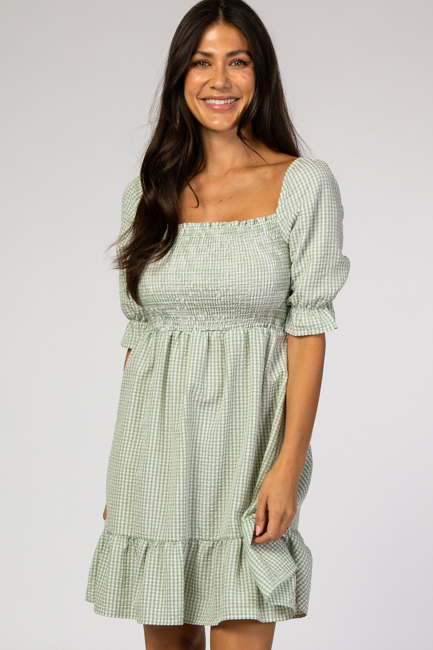 Mint Gingham Print Puff Sleeve Dress
