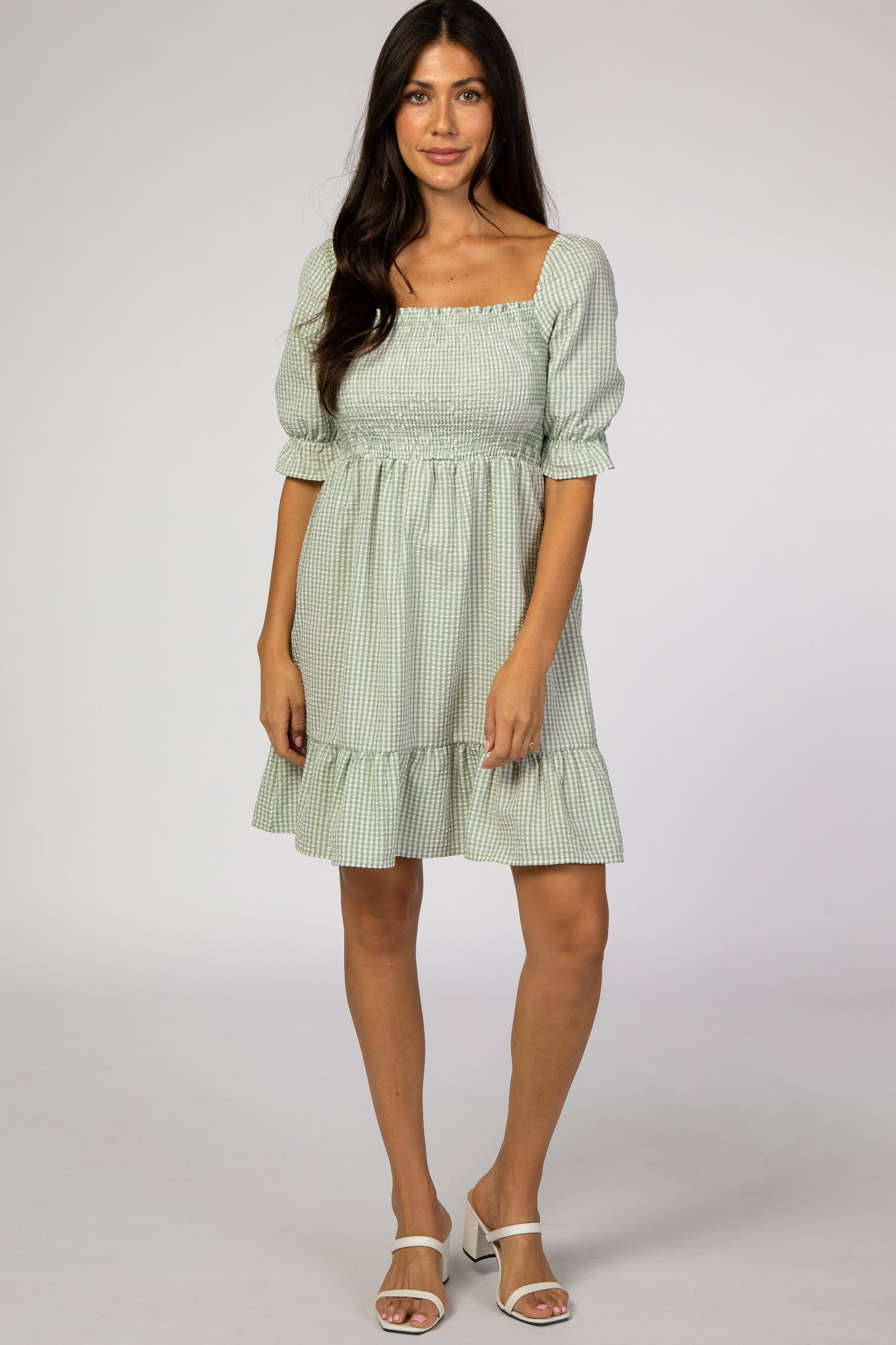 Mint Gingham Print Puff Sleeve Dress