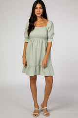 Mint Gingham Print Puff Sleeve Dress