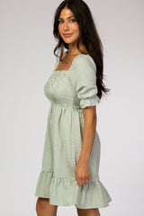 Mint Gingham Print Puff Sleeve Dress