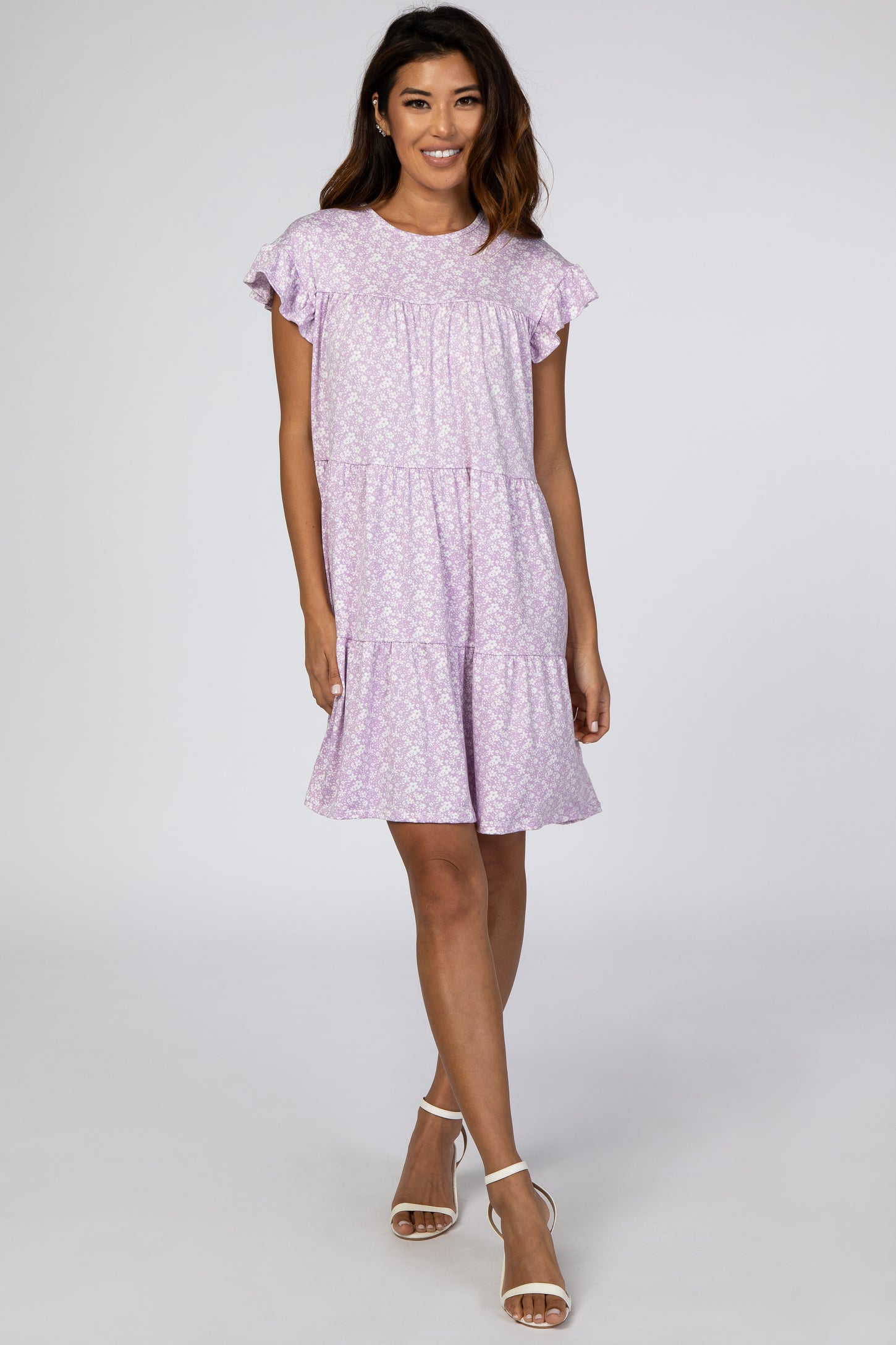 Lavender Floral Tiered Ruffle Accent Dress