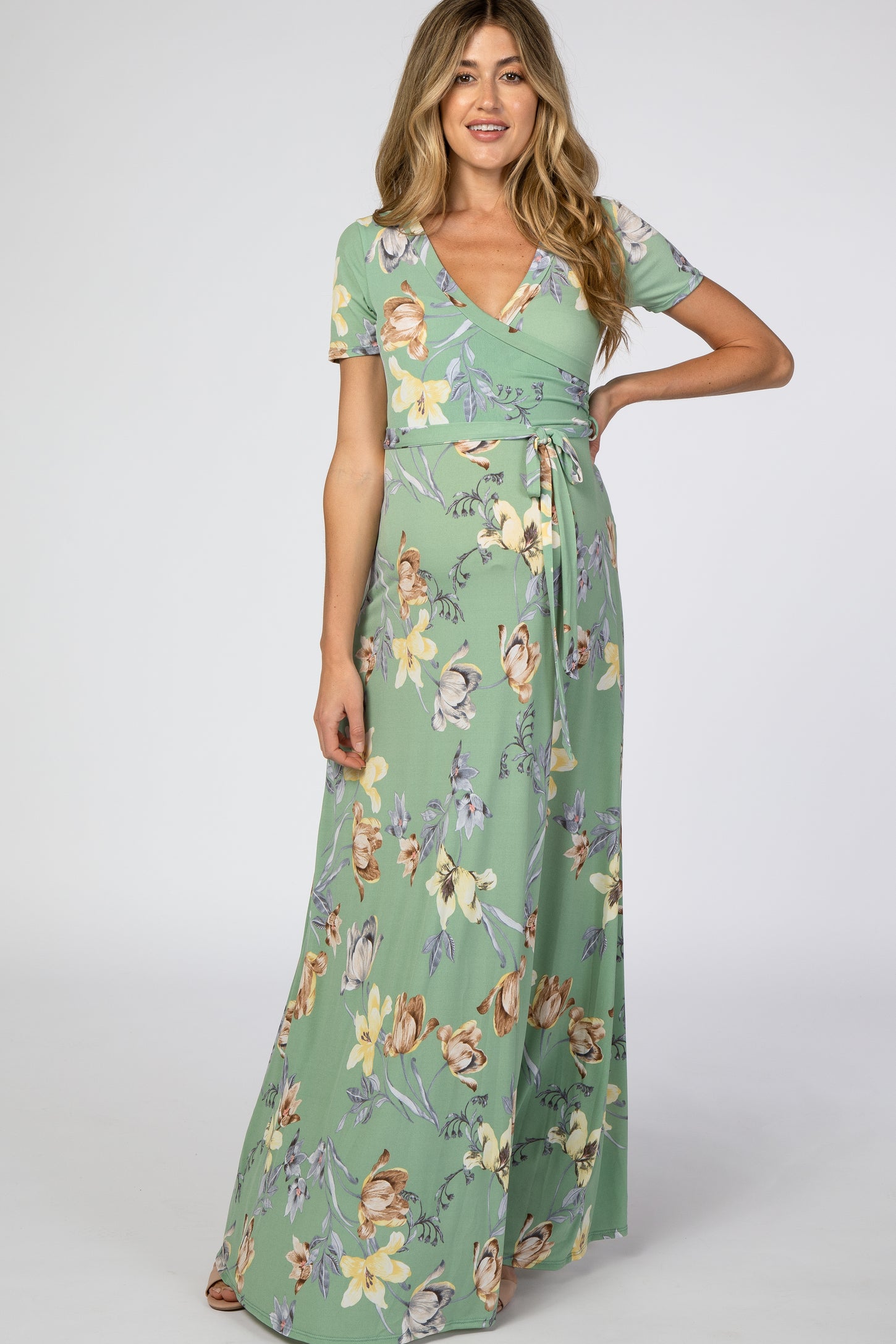 Light Olive Floral Maternity Wrap Dress