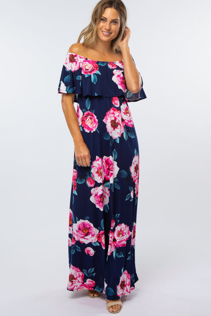 Navy Floral Off Shoulder Flounce Maternity Maxi Dress
