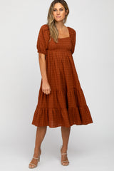 Rust Plaid Square Neck Maternity Midi Dress