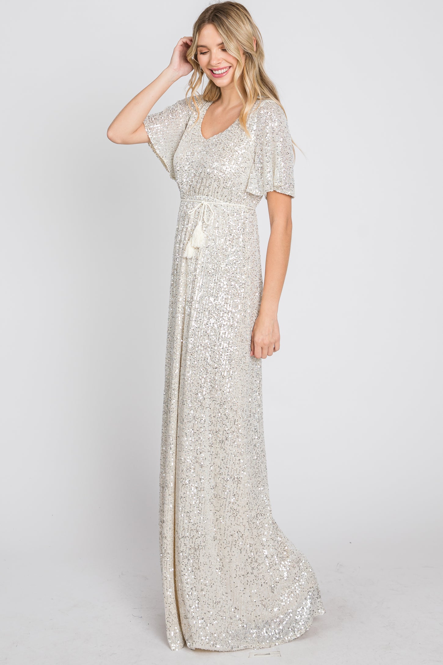 Cream Sequin Short Sleeve Maxi Dress