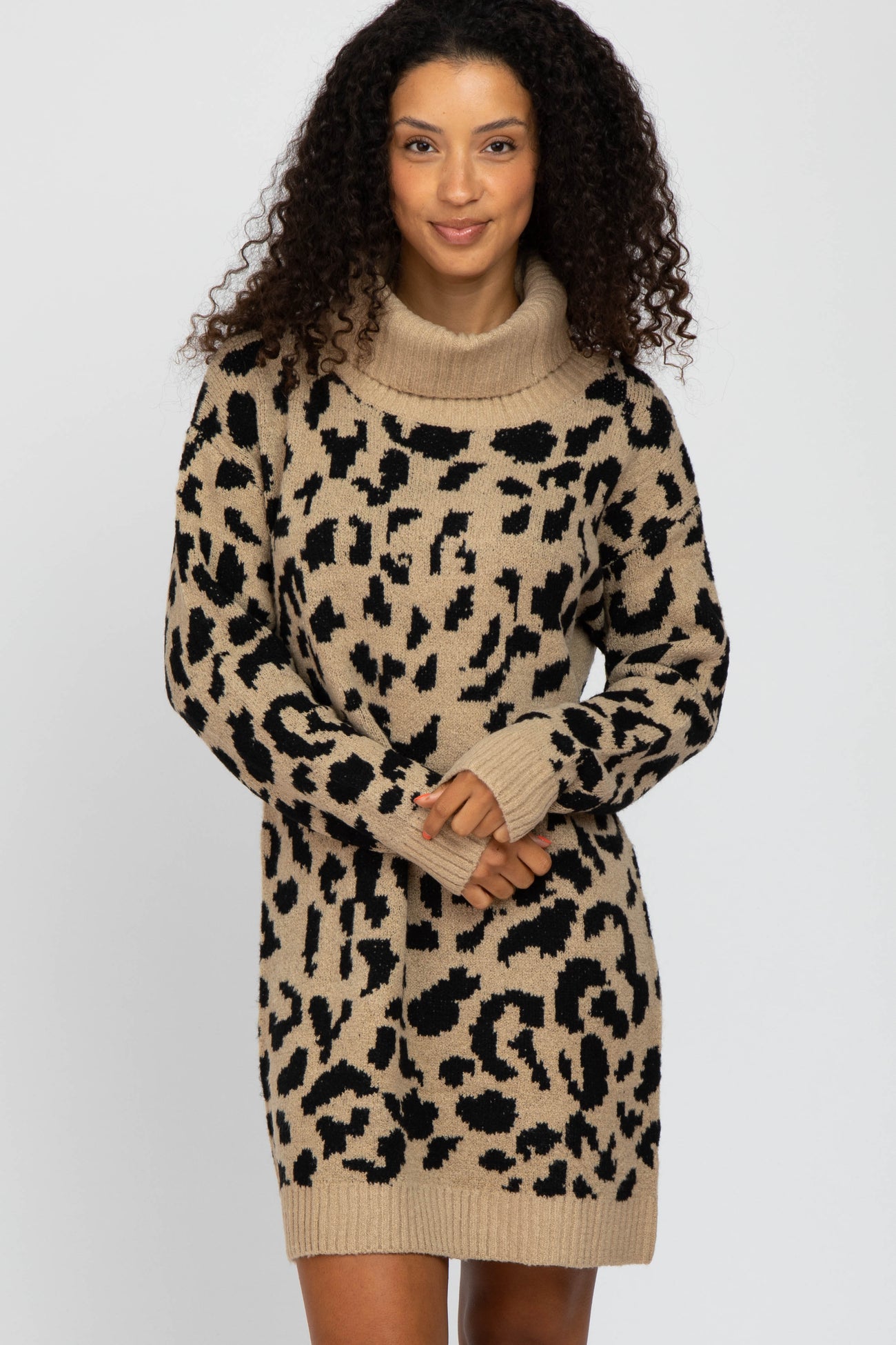 Taupe Leopard Turtleneck Sweater Dress