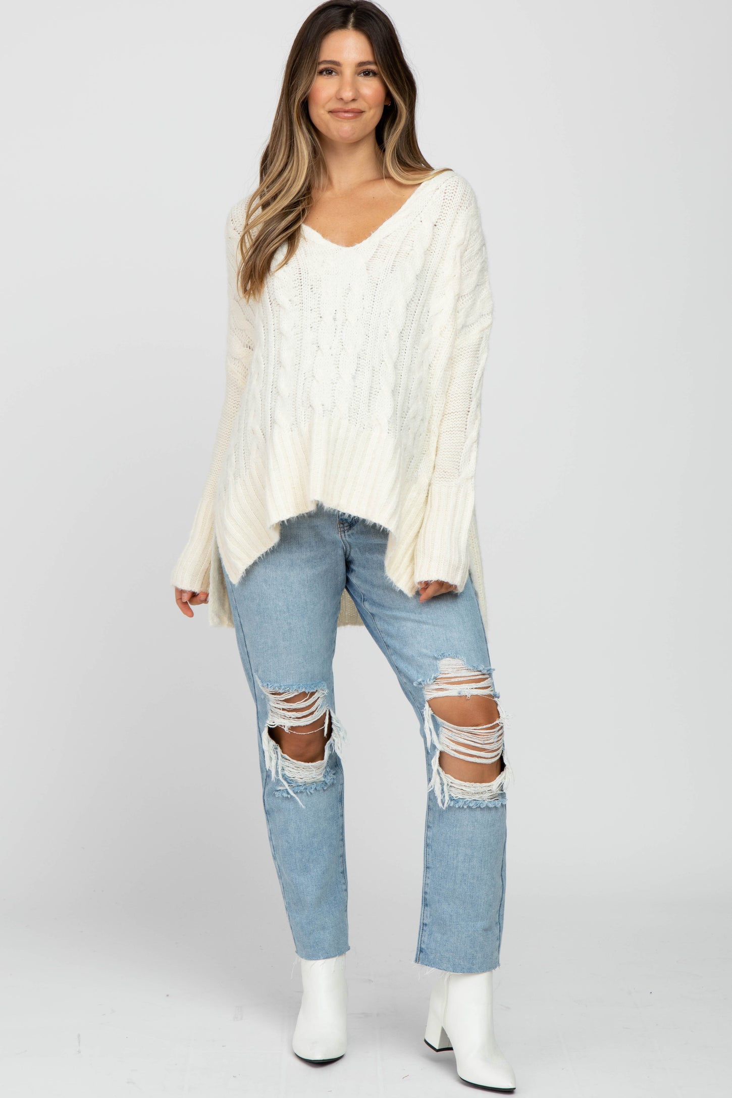 Ivory V-Neck Side Slit Cable Knit Maternity Sweater