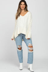 Ivory V-Neck Side Slit Cable Knit Maternity Sweater
