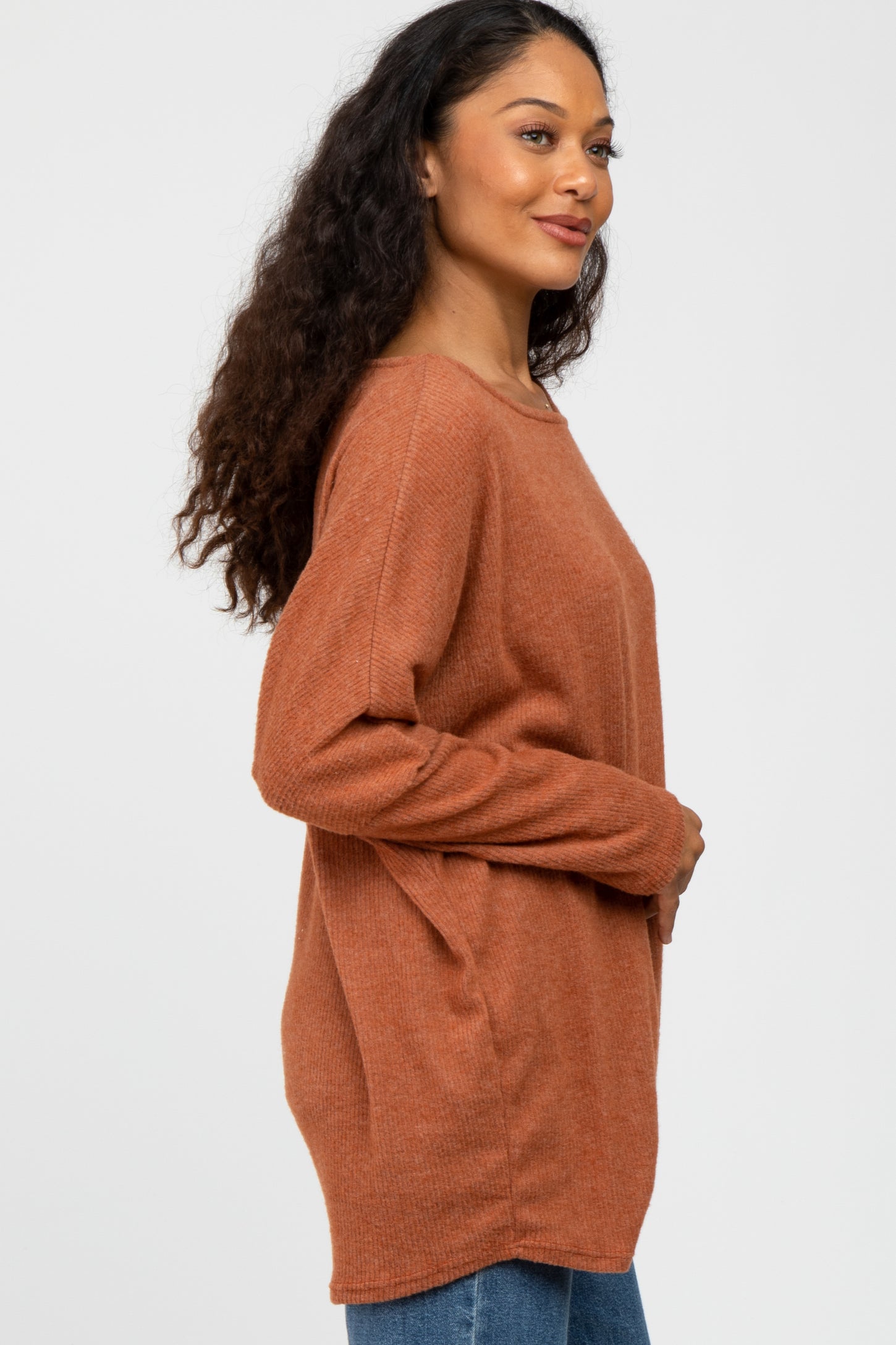 Rust Brushed Ribbed Dolman Sleeve Top