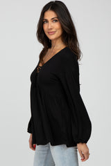 Black Lace-Up Front Long Sleeve Babydoll Top