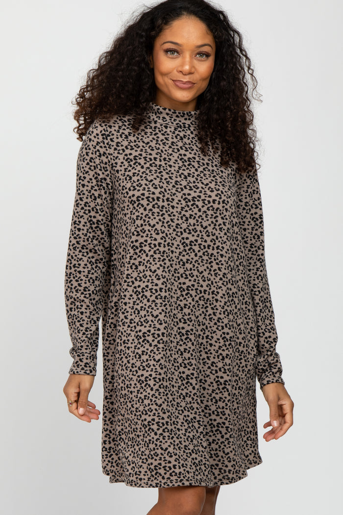 Mocha Animal Print Mock Neck Maternity Dress