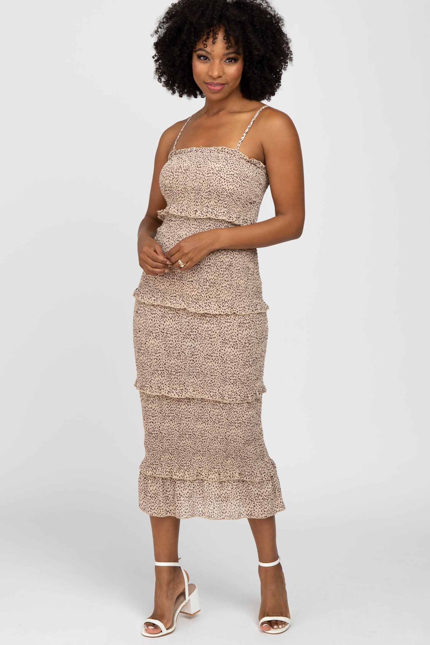 Taupe Animal Print Smocked Fitted Maternity Midi Dress