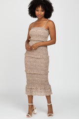 Taupe Animal Print Smocked Fitted Maternity Midi Dress