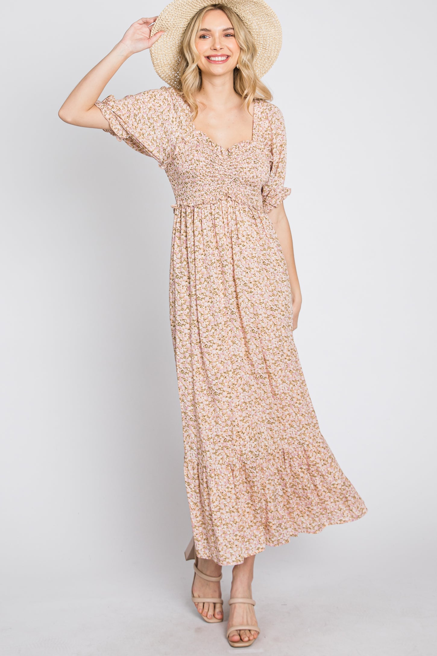 Pink Floral Sweetheart Neck Midi Dress
