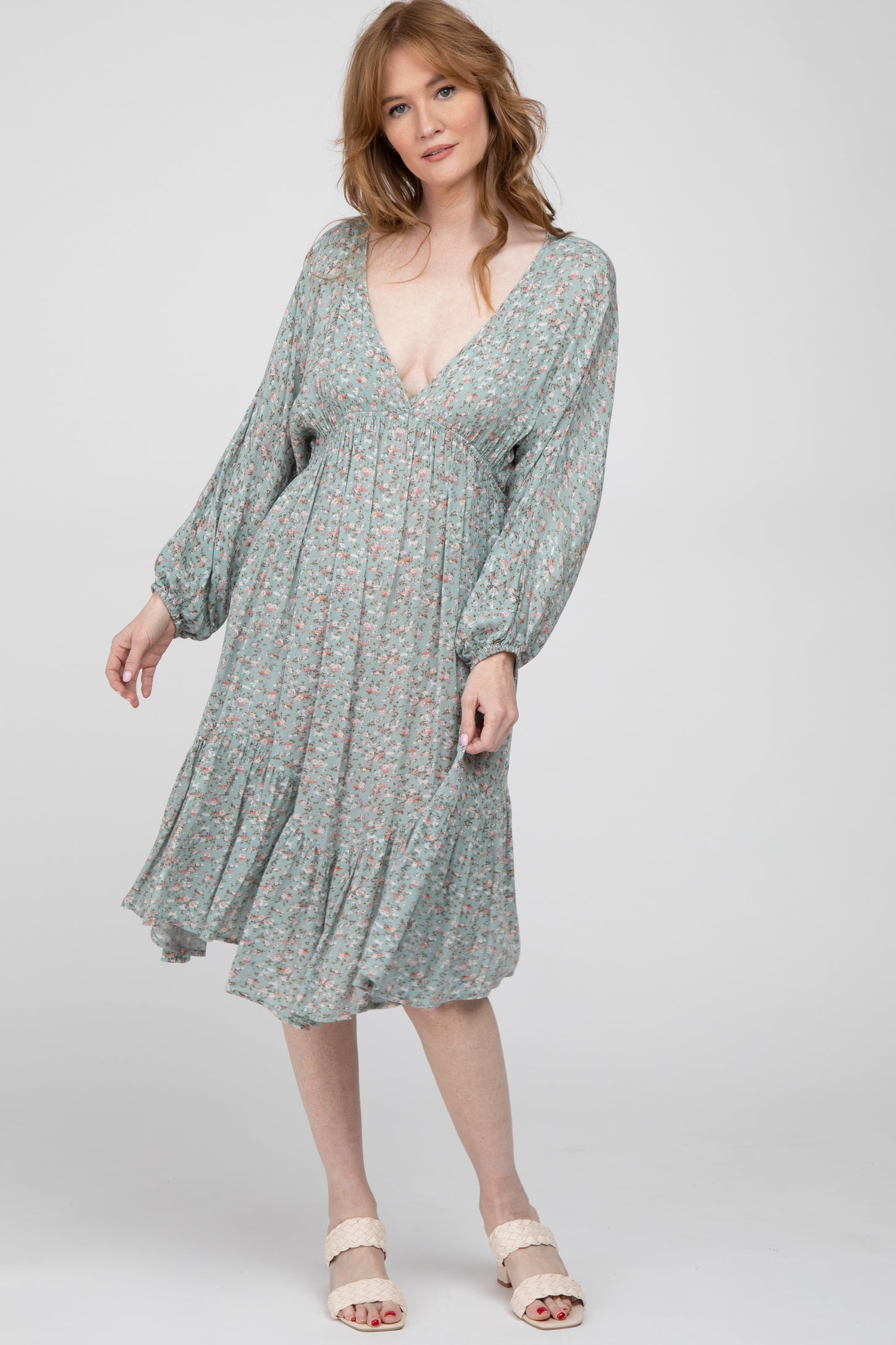 Sage Ditsy Floral V-Neck Handkerchief Dress