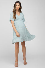 Mint Green Floral Print Smocked V-Neck Maternity Dress