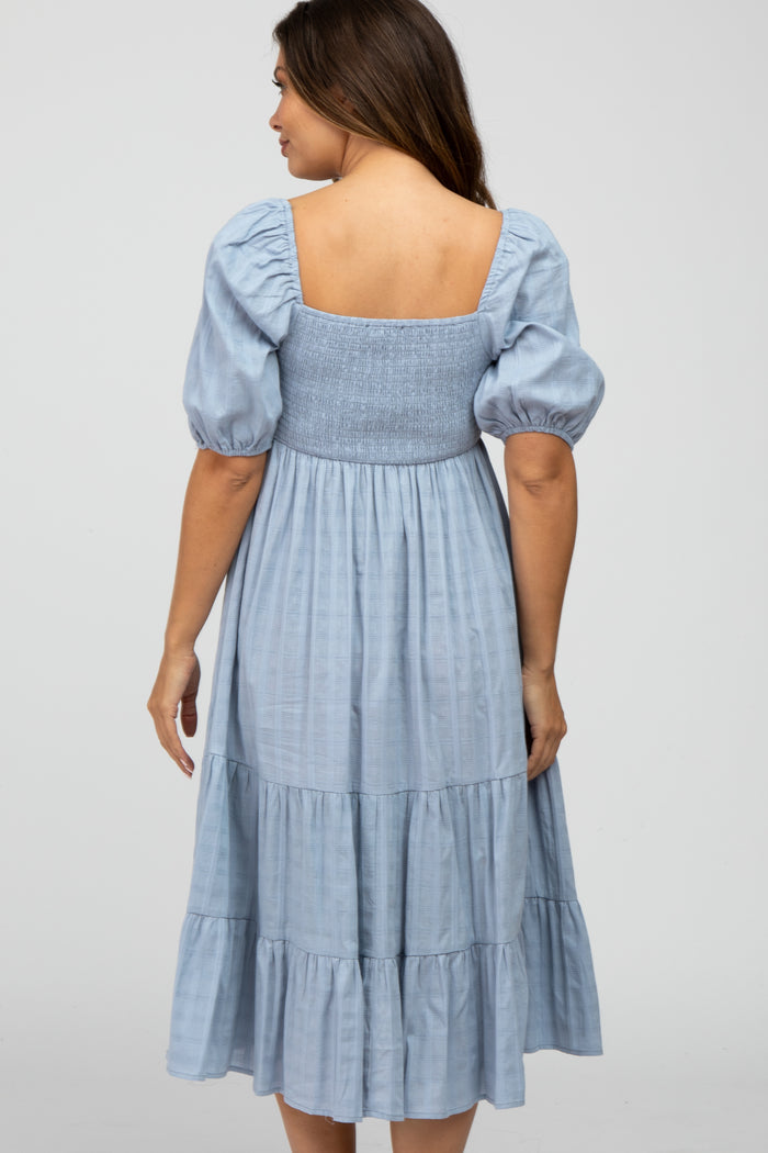 Blue Plaid Square Neck Maternity Midi Dress