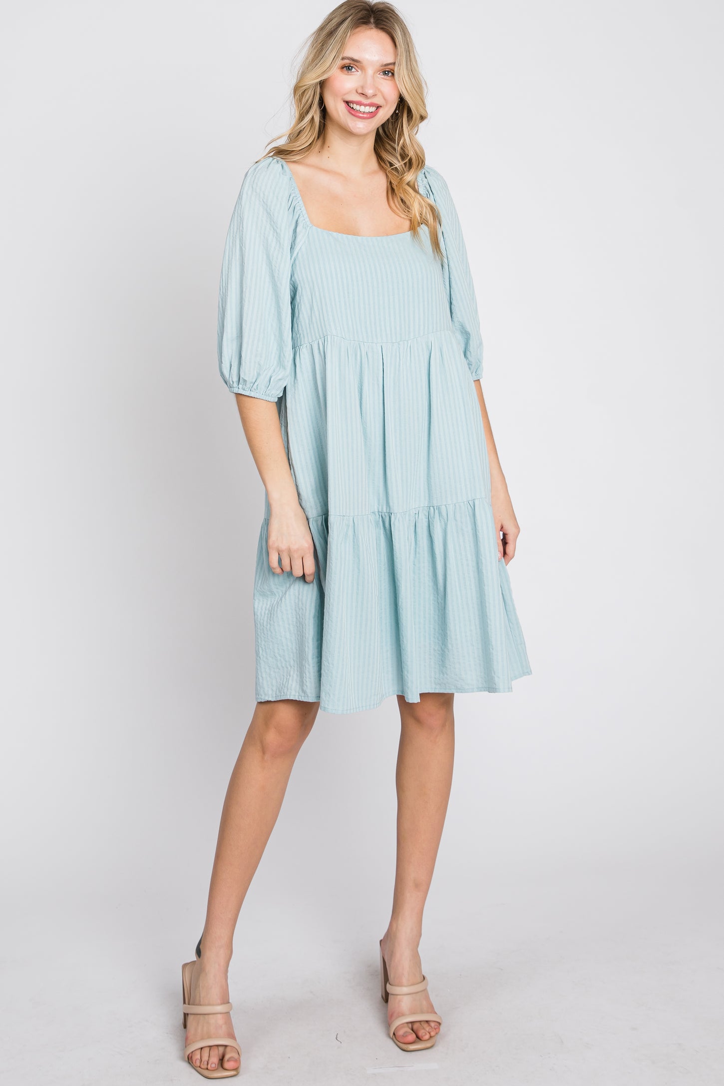Light Blue Striped Square Neck Puff Sleeve Dress