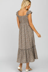 Grey Floral Ruffle Accent Midi Dress