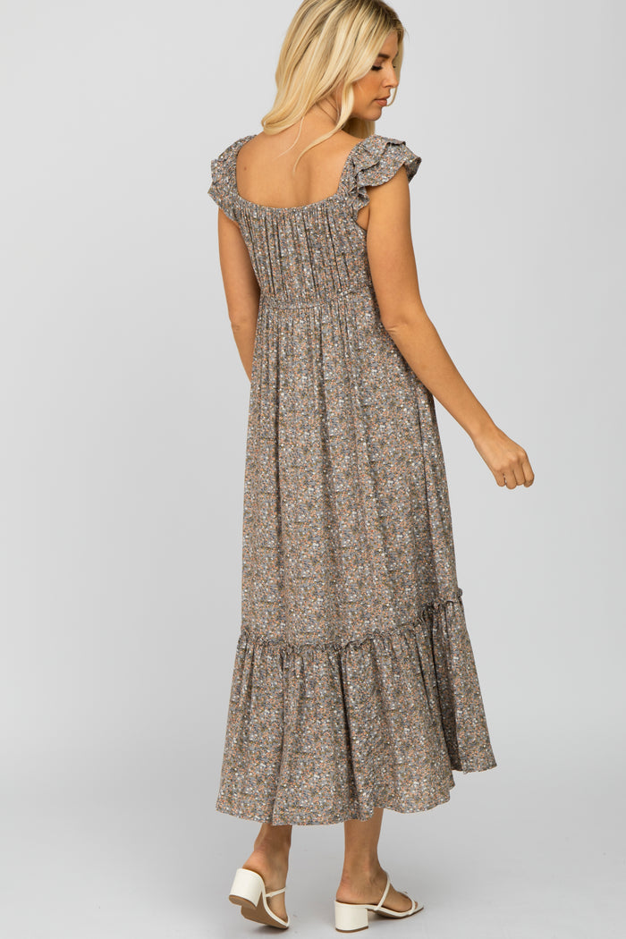 Grey Floral Ruffle Accent Midi Dress