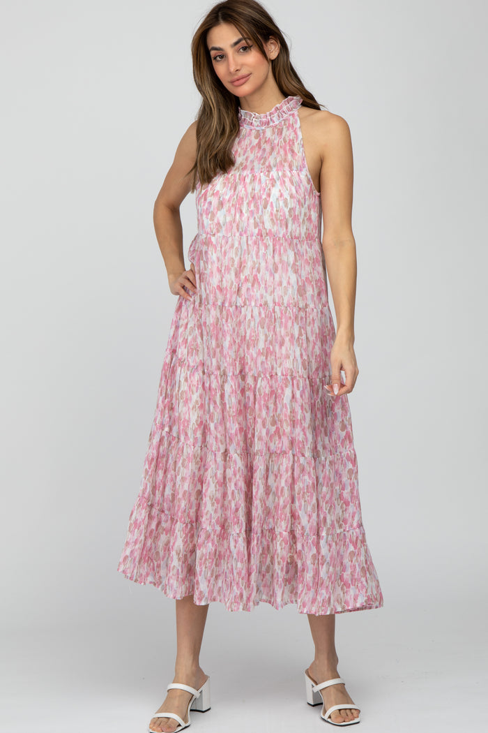 Pink Printed Sleeveless Tiered Maternity Midi Dress