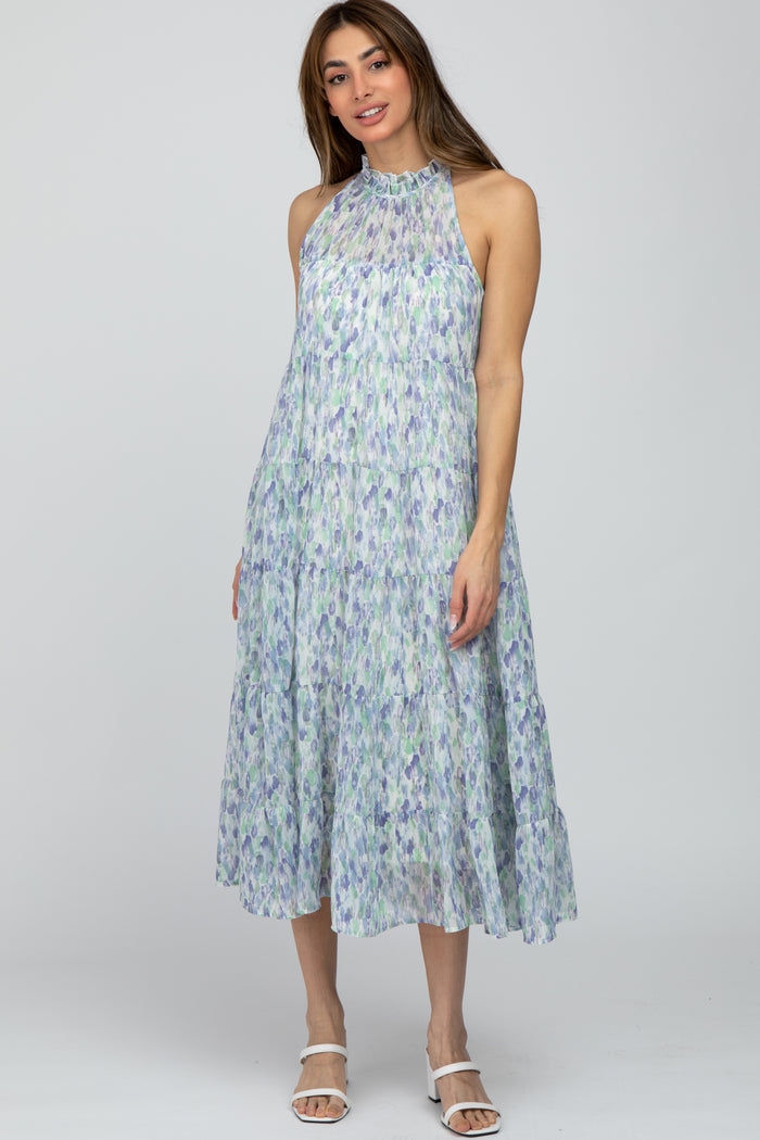 Blue Printed Sleeveless Tiered Maternity Midi Dress
