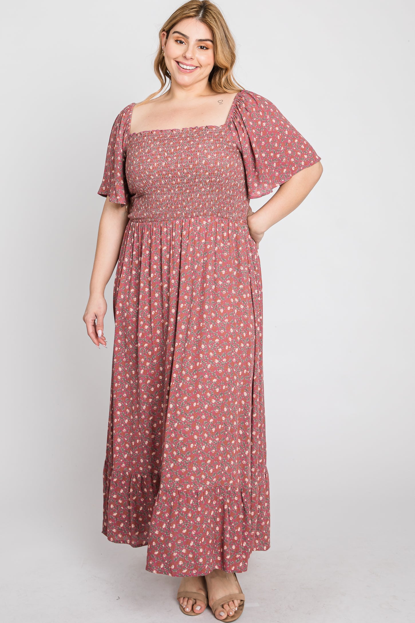 Mauve Floral Smocked Square Neck Plus Midi Dress