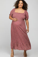 Mauve Floral Smocked Square Neck Maternity Plus Midi Dress