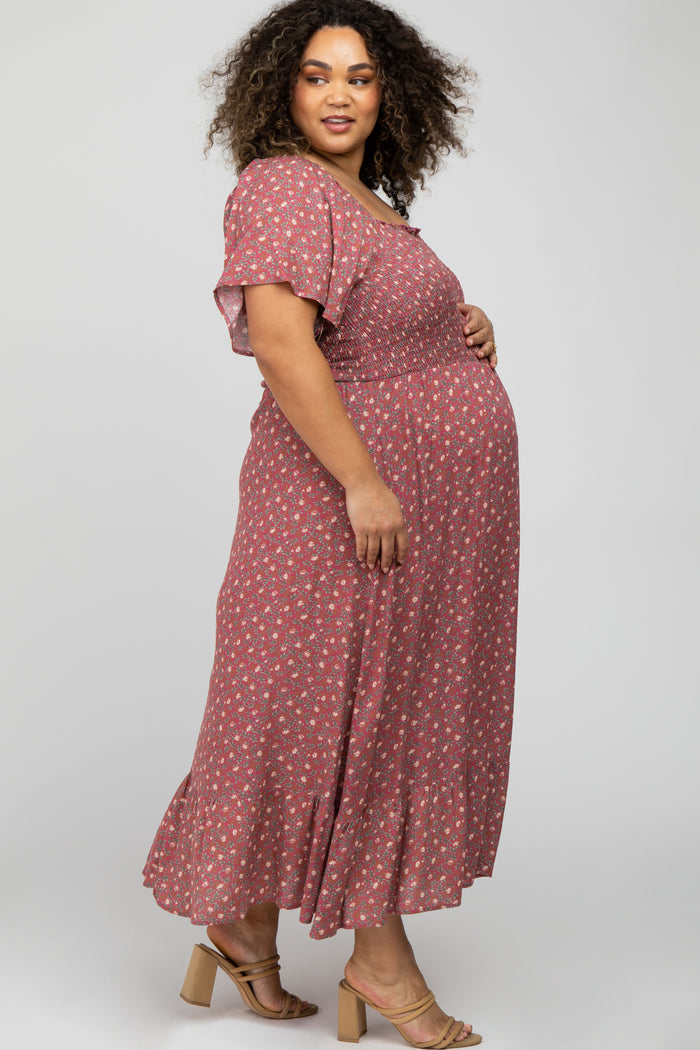Mauve Floral Smocked Square Neck Maternity Plus Midi Dress
