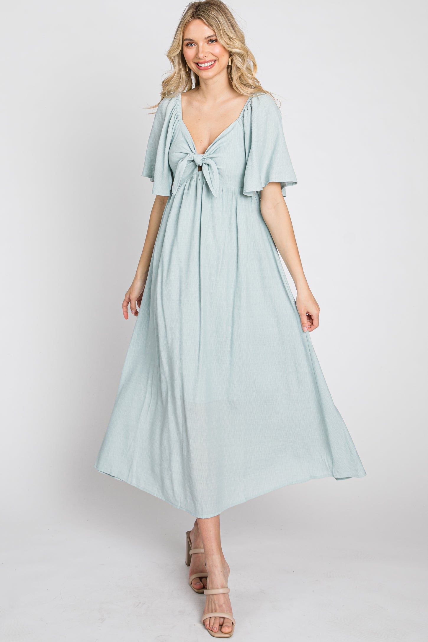 Light Blue Front Tie Ruffle Sleeve Midi Dress