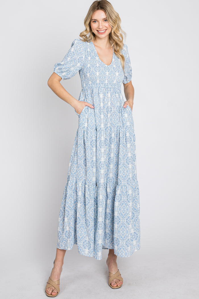 Blue Paisley Print Smocked Tiered Maxi Dress