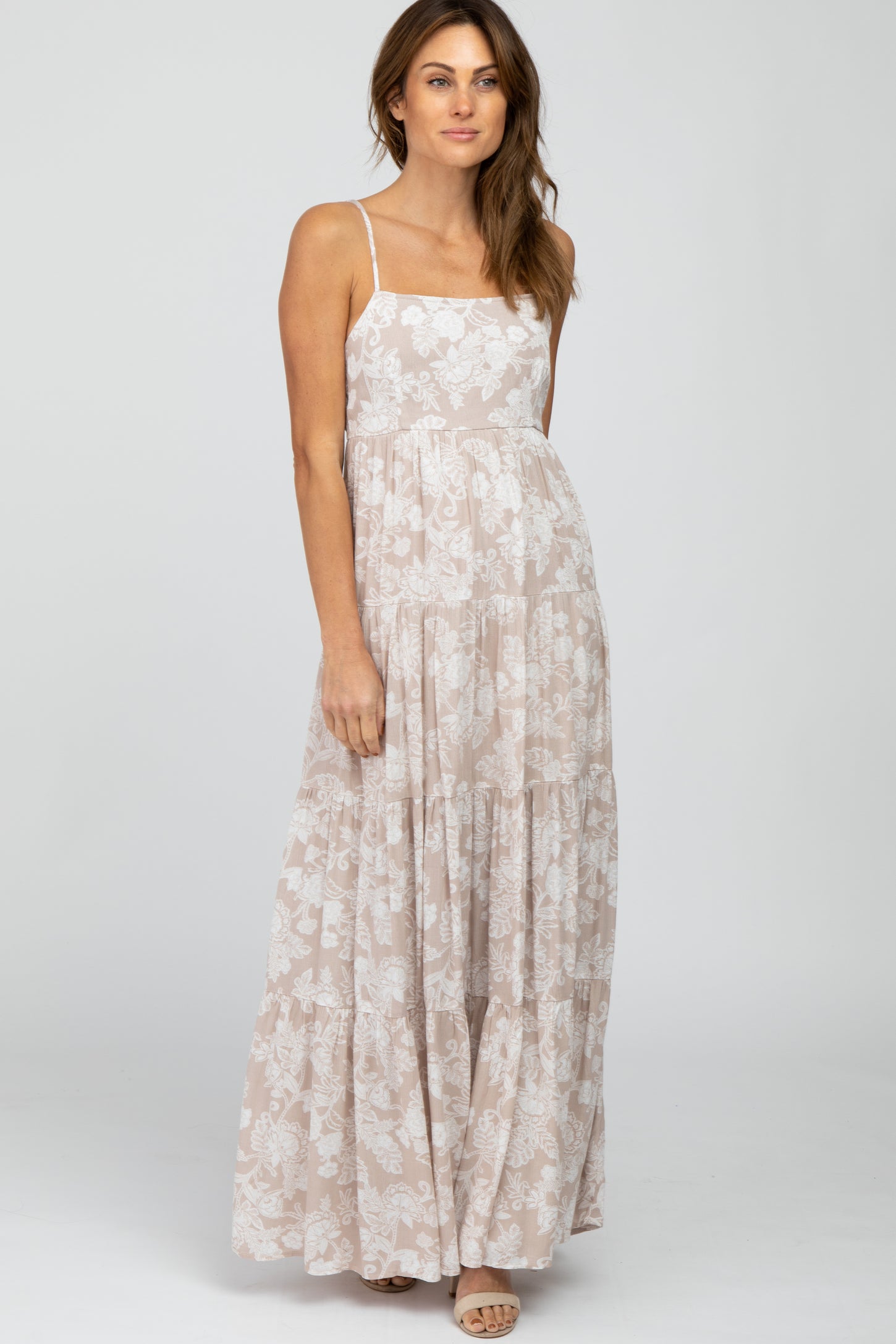 Taupe Floral Square Neck Tiered Maxi Dress
