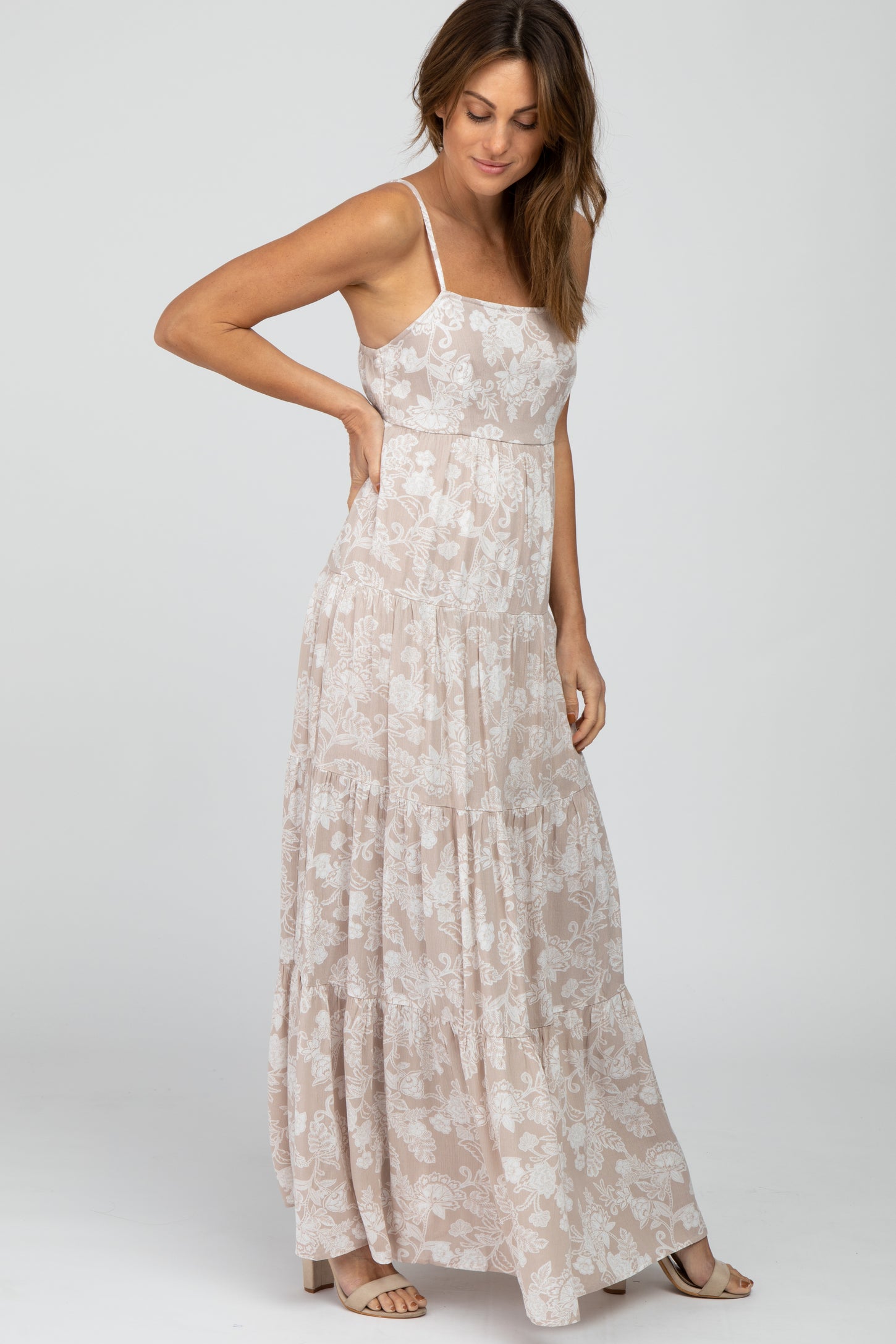 Taupe Floral Square Neck Tiered Maxi Dress