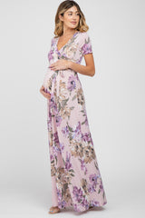 Lavender Floral Waist Tie Wrap Maternity Maxi Dress