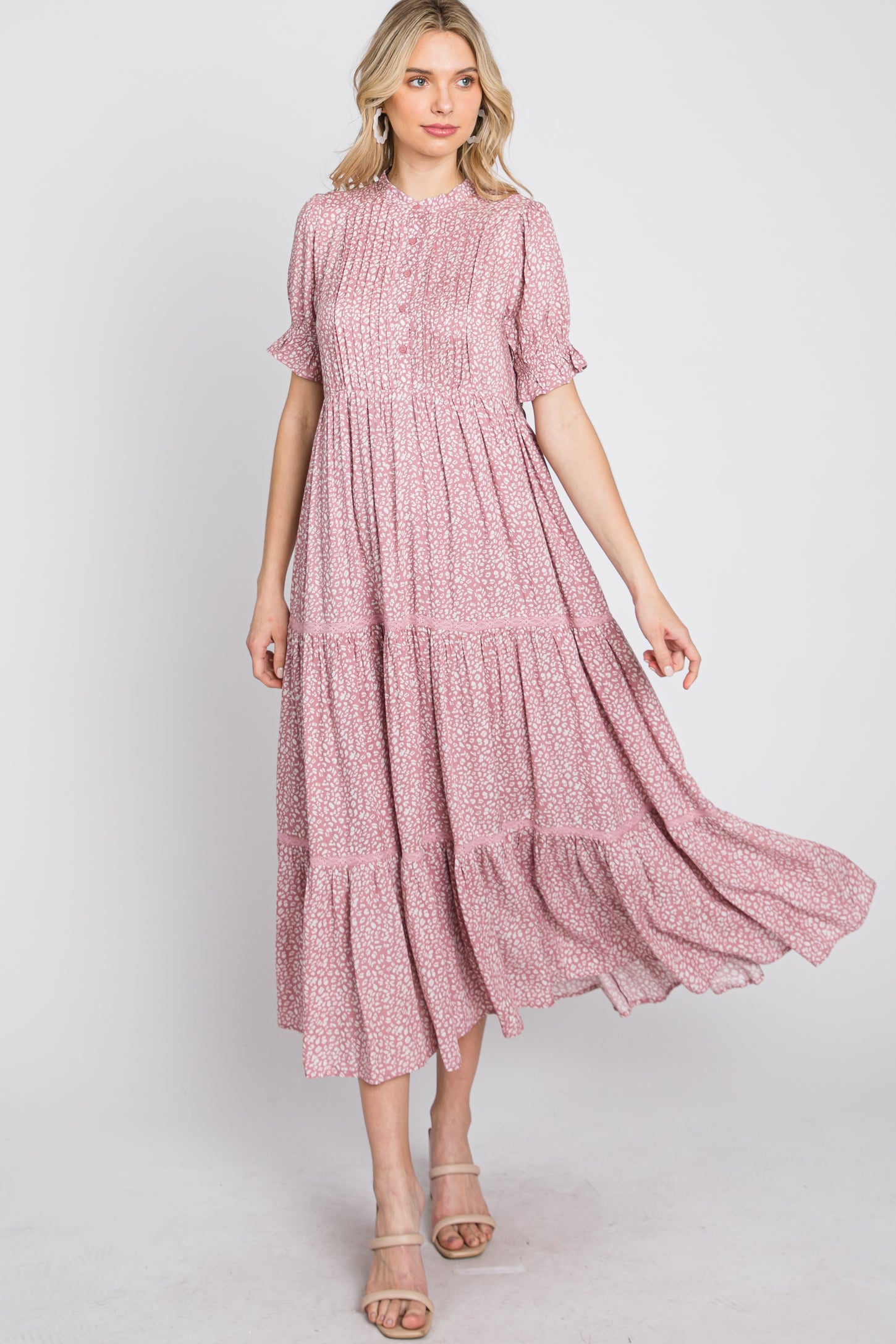 Mauve Animal Print Button Front Tiered Midi Dress