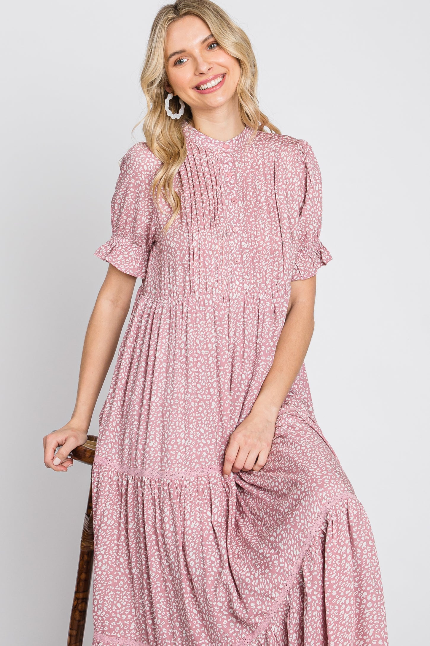 Mauve Animal Print Button Front Tiered Midi Dress